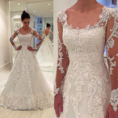 Pure White Square Long Sleeves A-Line Bridal Gown | Lace Appliques Sweep Train Long Wedding Dresses