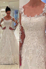 Pure White Square Long Sleeves A-Line Bridal Gown | Lace Appliques Sweep Train Long Wedding Dresses