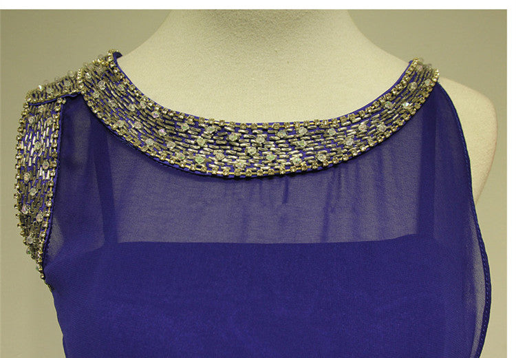 Purple Evening Dresses Chiffon Beaded Bowknot Long Wedding Guest Dresses