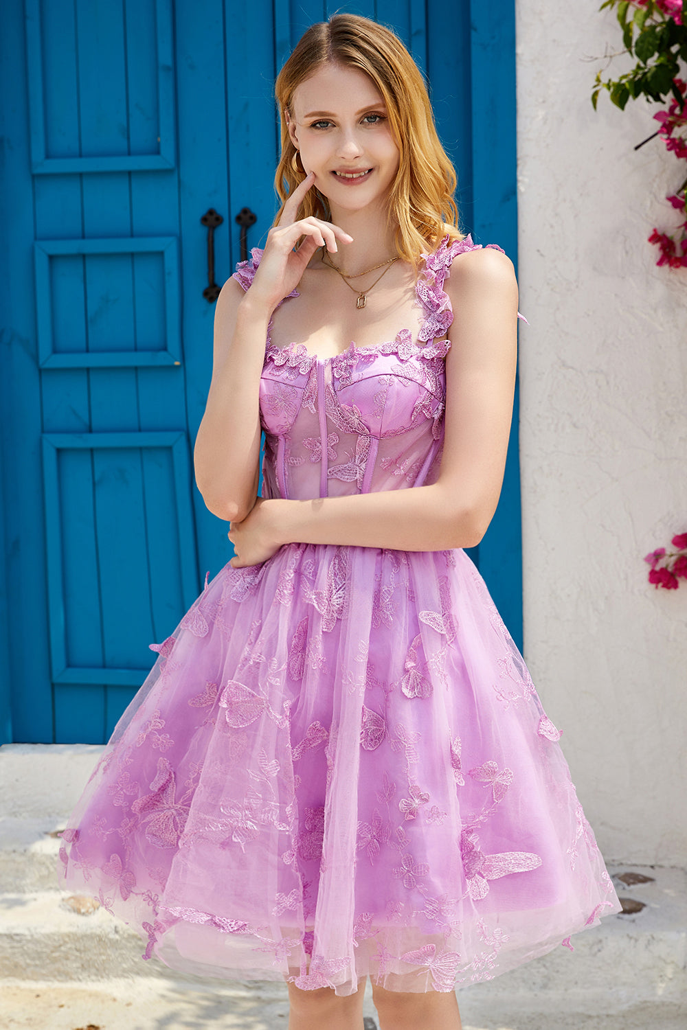 Purple Homecoming Dresses A Line Corset Prom Dress with 3D Butterflies