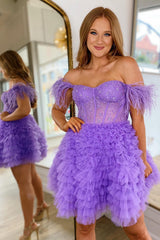 Purple Homecoming Dresses Corset A-Line Short Cocktail Dresses with Feathers