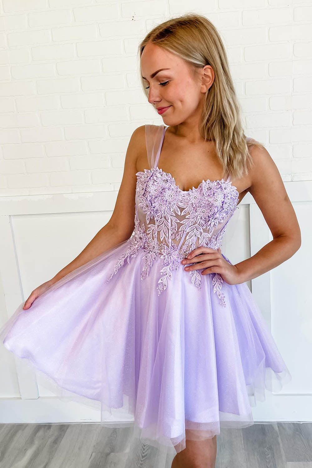 Purple Homecoming Dresses Corset A-Line Tulle Short Flower Prom Dress with Lace