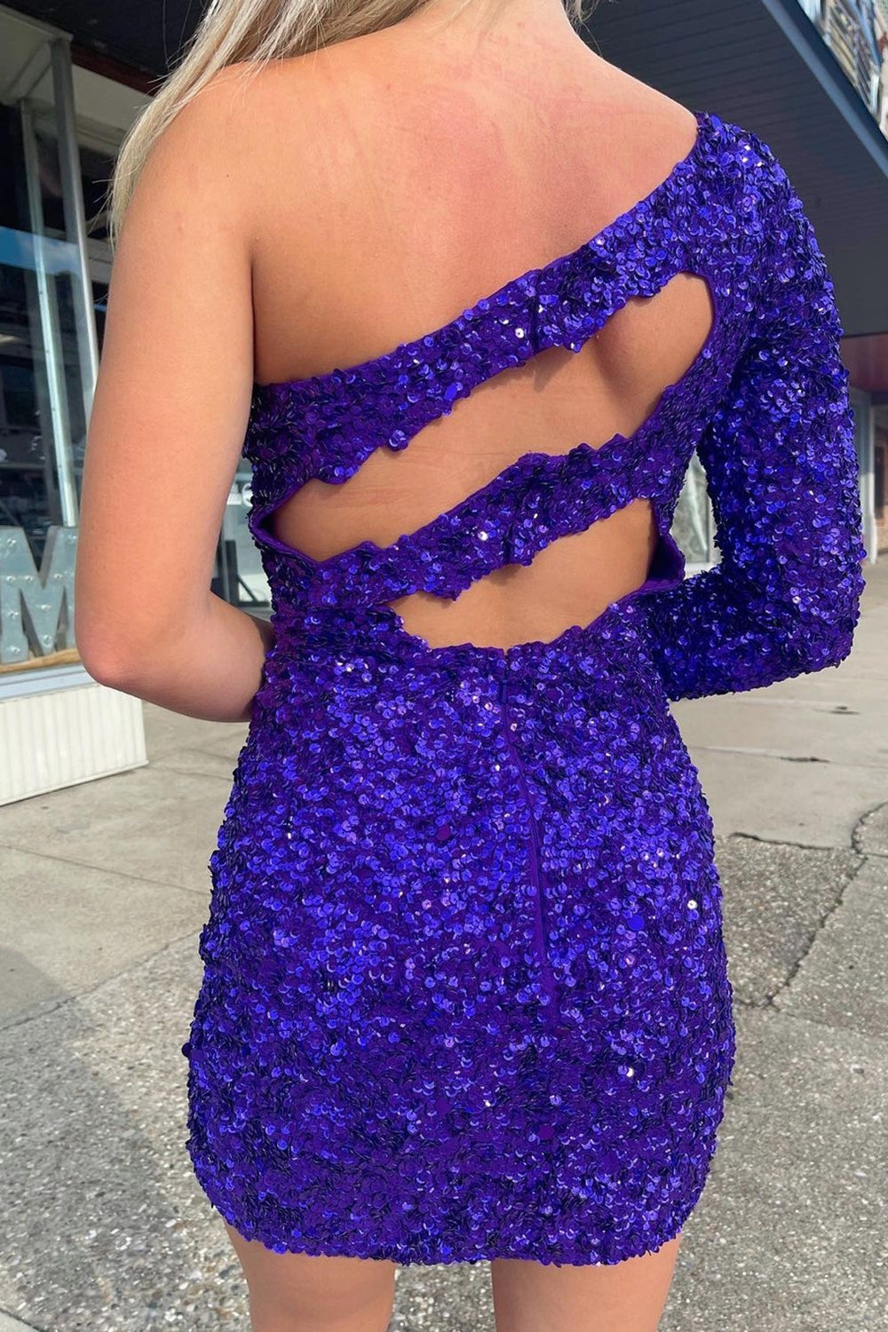 Purple Homecoming Dresses Cut Out Open Back One Shoulder Sequin Prom Dress