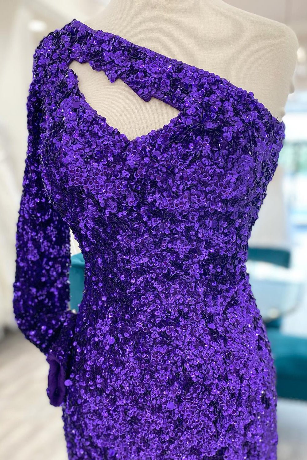 Purple Homecoming Dresses Cut Out Open Back One Shoulder Sequin Prom Dress