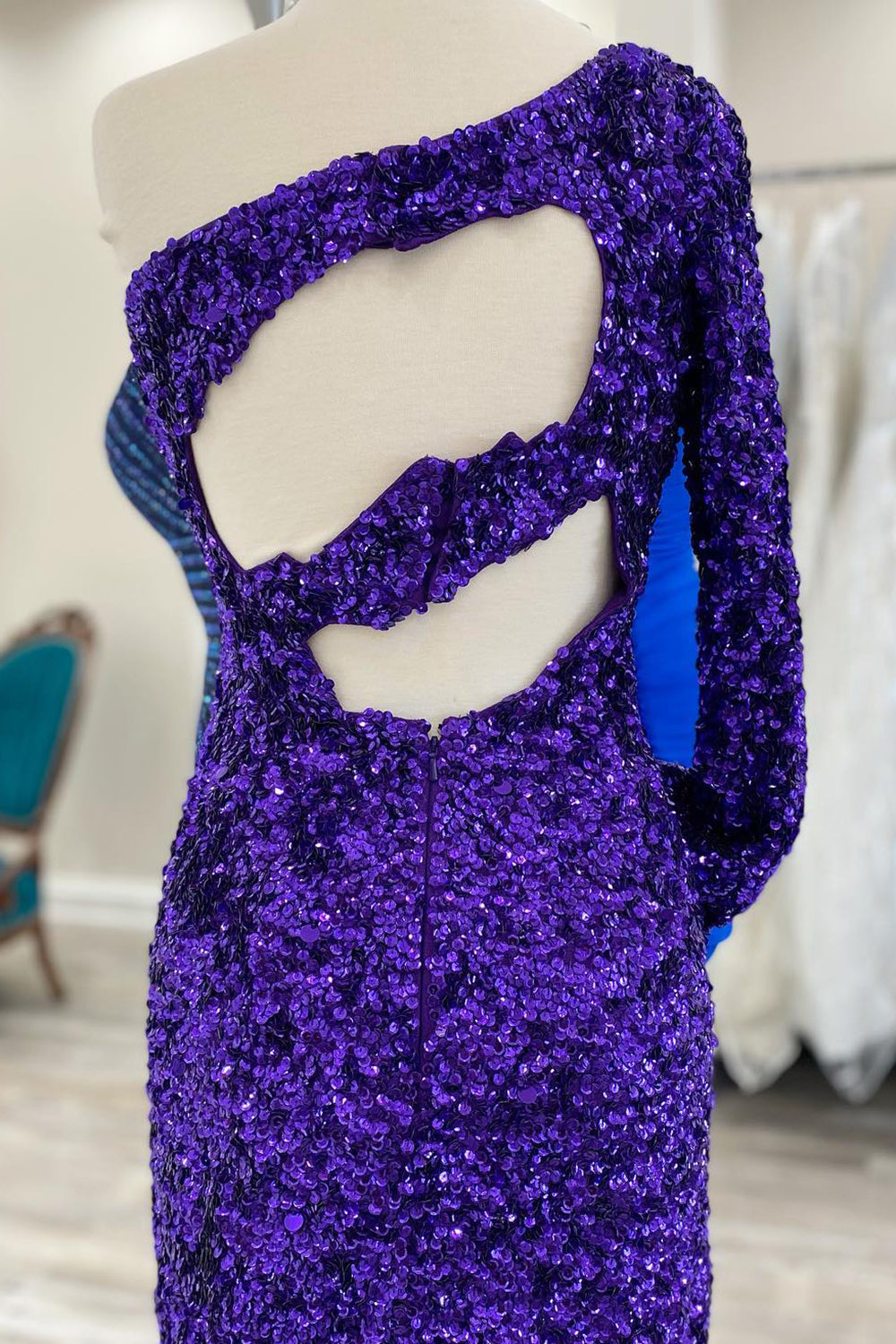 Purple Homecoming Dresses Cut Out Open Back One Shoulder Sequin Prom Dress