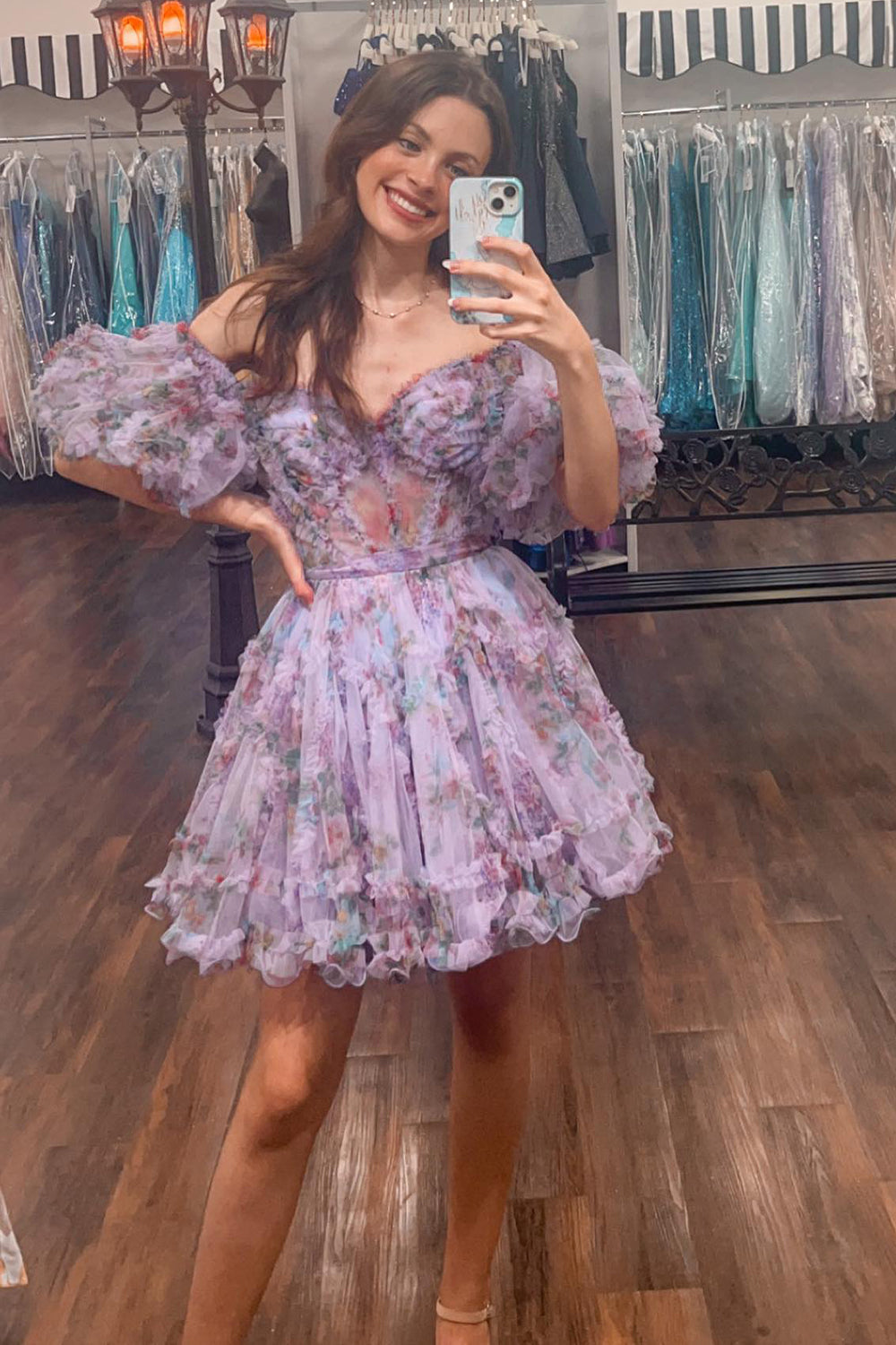 Purple Homecoming Dresses Floral A-Line Short Cocktail Dresses
