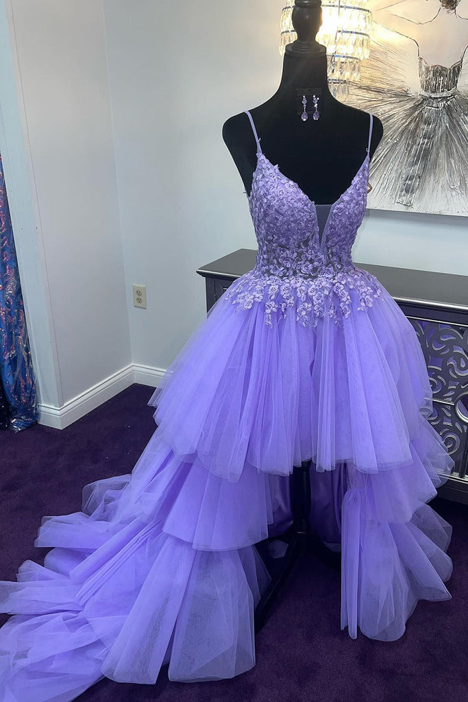 strapless open back dress A Line Off Shoulder Lace Tiered Prom Dress with Slit Long Homecoming Dress US14 / As Pic main image 0