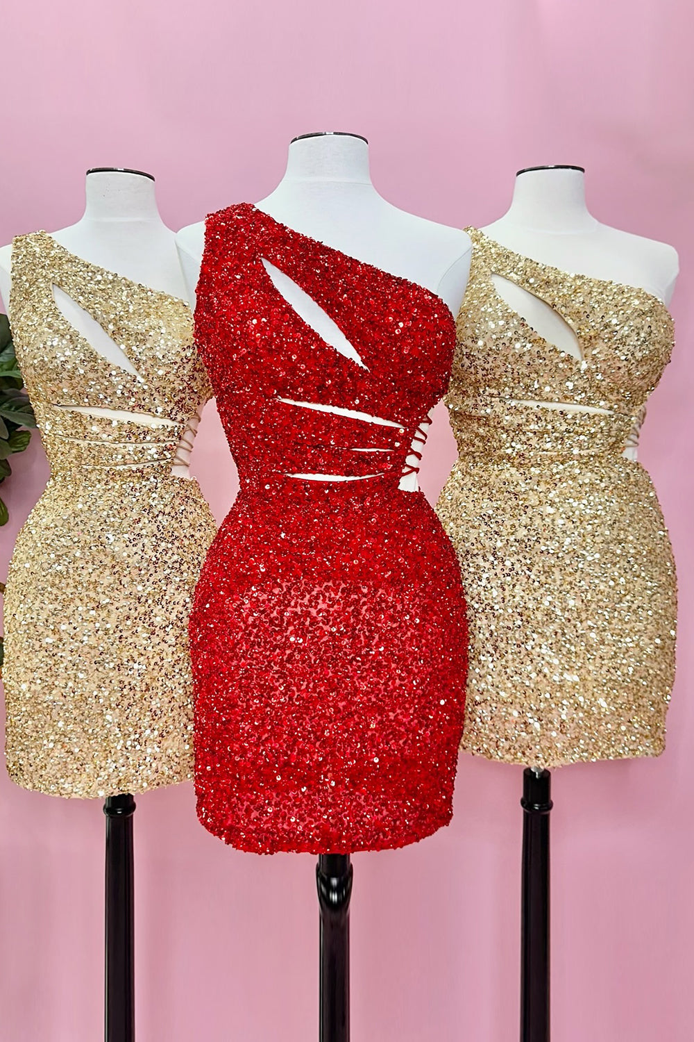 Purple Homecoming Dresses One Shoulder Cut Out Sequin Tight Short Cocktail Dresses