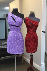 Purple Homecoming Dresses One Shoulder Cut Out Sequin Tight Short Cocktail Dresses