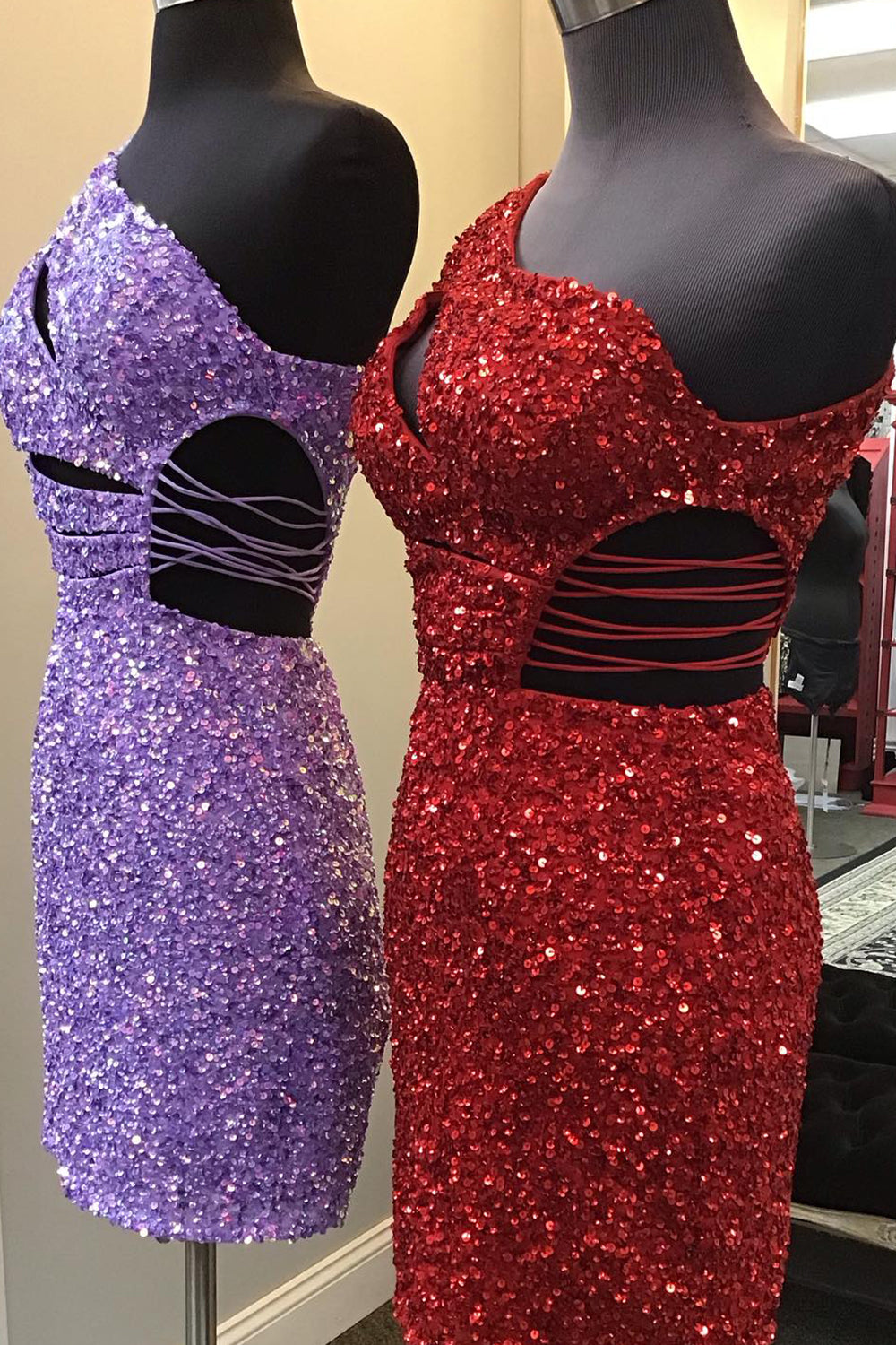 Purple Homecoming Dresses One Shoulder Cut Out Sequin Tight Short Cocktail Dresses