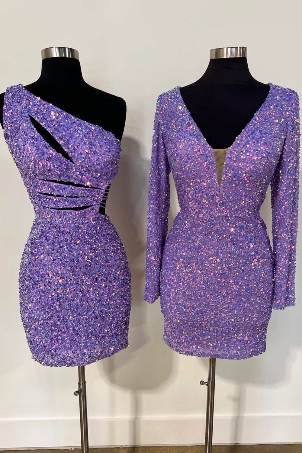 Purple Homecoming Dresses One Shoulder Cut Out Sequin Tight Short Cocktail Dresses
