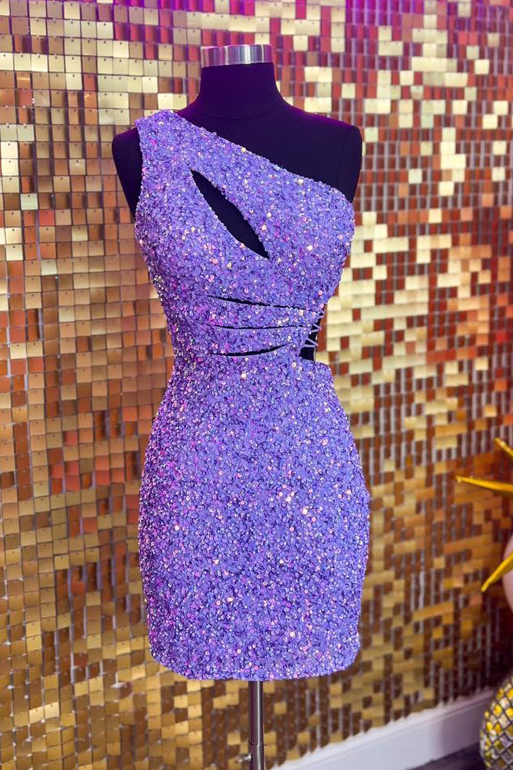Purple Homecoming Dresses One Shoulder Cut Out Sequin Tight Short Cocktail Dresses