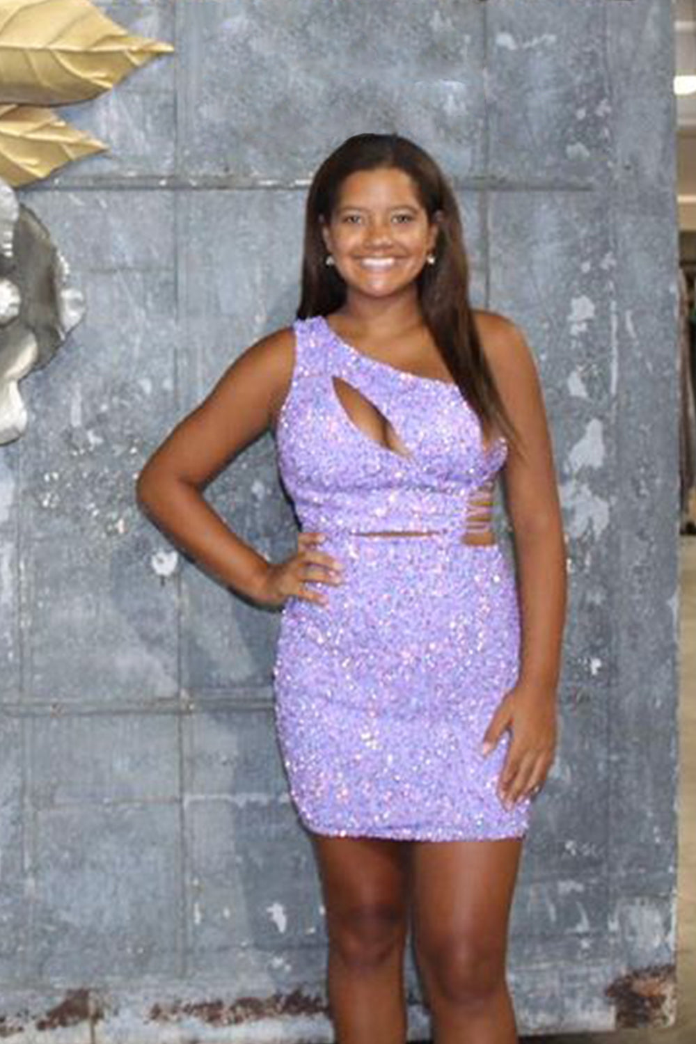 Purple Homecoming Dresses One Shoulder Cut Out Sequin Tight Short Cocktail Dresses
