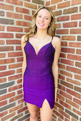 Purple Homecoming Dresses Sequin Beaded Tight Short Cocktail Dresses with Slit