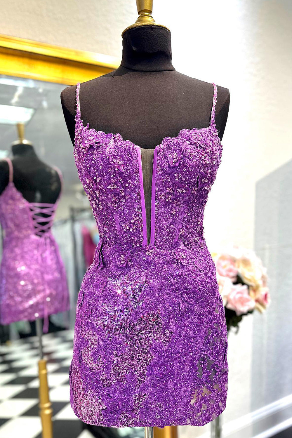 Purple Homecoming Dresses Sequin Lace-Up Tight Short Cocktail Dresses