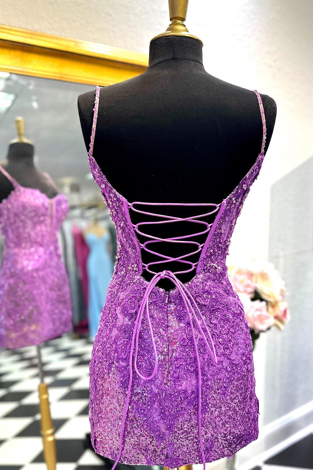 Purple Homecoming Dresses Sequin Lace-Up Tight Short Cocktail Dresses