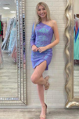 Purple Homecoming Dresses Sequin One Shoulder Short Cocktail Dresses with Slit