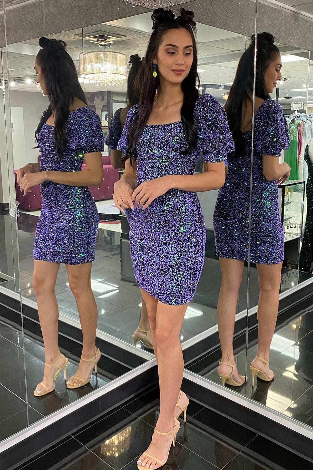 Purple Homecoming Dresses Sequin Short Sleeves Tight Prom Dress