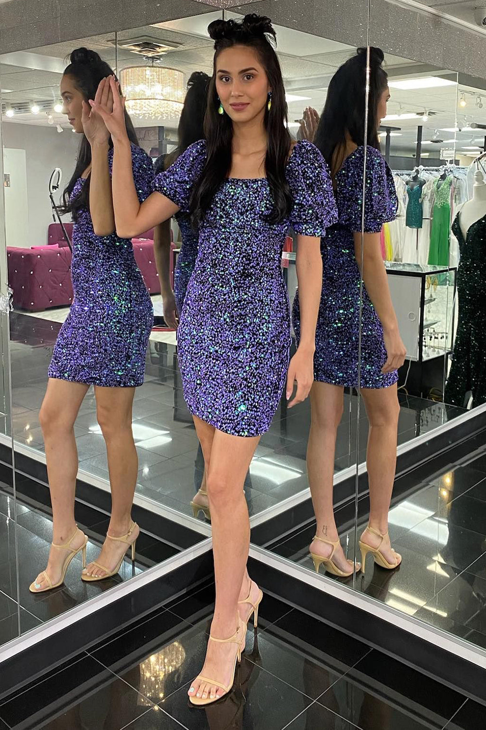 Purple Homecoming Dresses Sequin Short Sleeves Tight Prom Dress