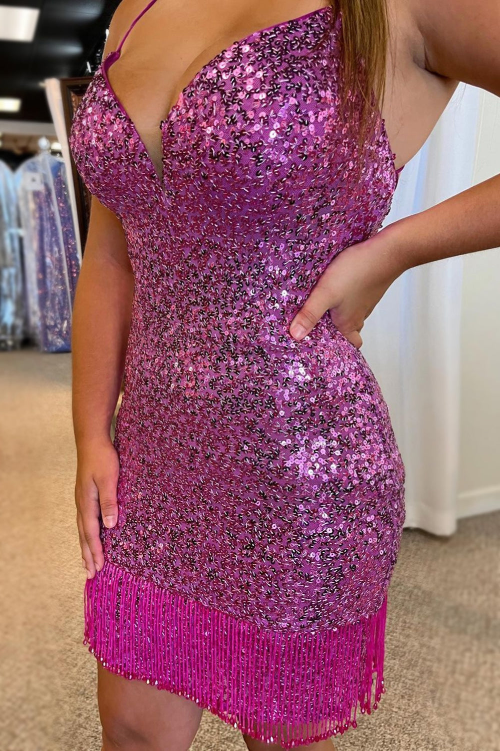Purple Homecoming Dresses Sequin Tight Prom Dress with Fringes