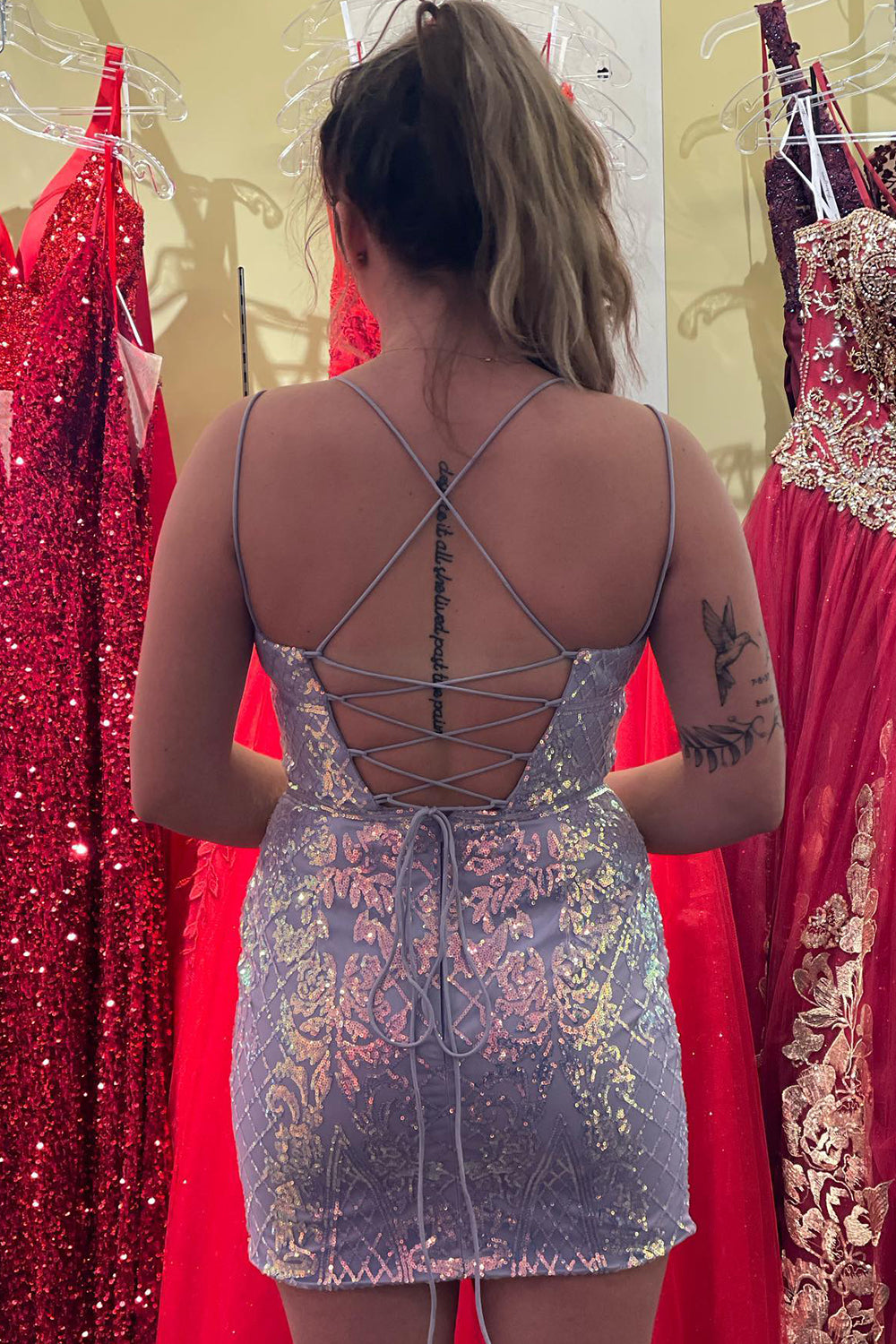 Purple Homecoming Dresses Sequined Lace-Up Back Tight Short Cocktail Dresses