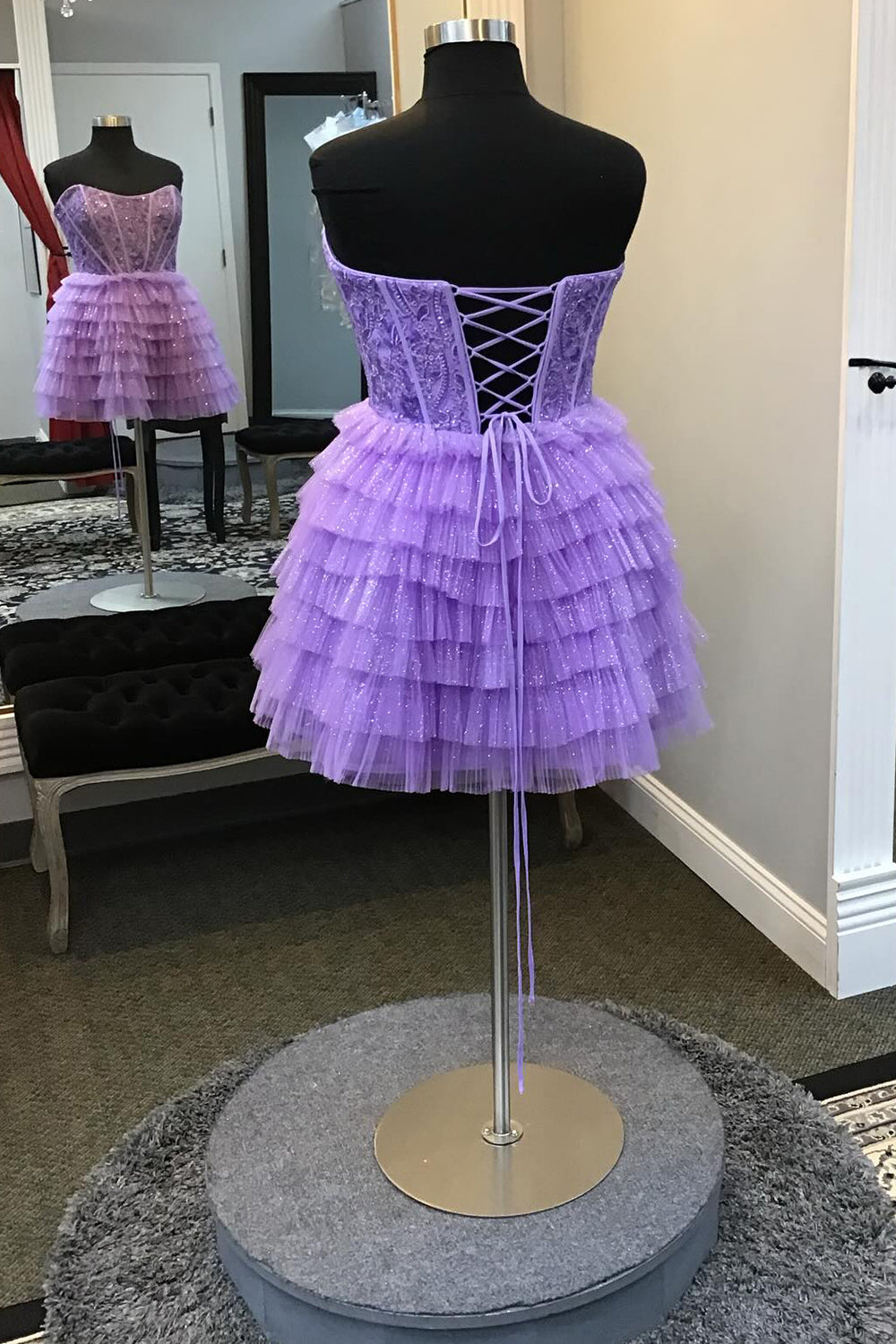 Purple Homecoming Dresses Strapless Corset A Line Short Cocktail Dresses with Ruffles