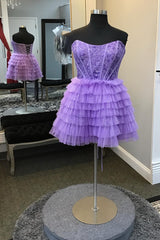 Purple Homecoming Dresses Strapless Corset A Line Short Cocktail Dresses with Ruffles