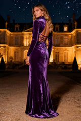 Suzhoufashion Purple Mermaid High Neck Backless Long Velvet Holiday Party Dress