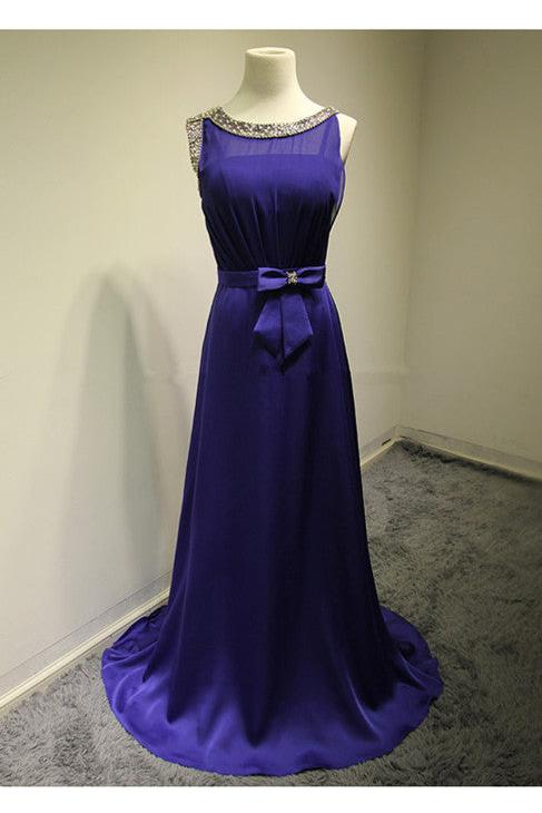 Purple OPen Back Beading Elegant Evening Dresses Sweep Train Bowknot Zipper Long Prom Party Dresses