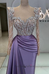 Purple Prom Dress Beading Lace Sequined Formal Dress With Sleeves