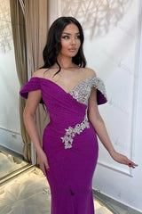 Purple Prom Dress Column V Neck Off The Shoulder Beaded Sleeveless Tulle Formal Dress With Rhinestone