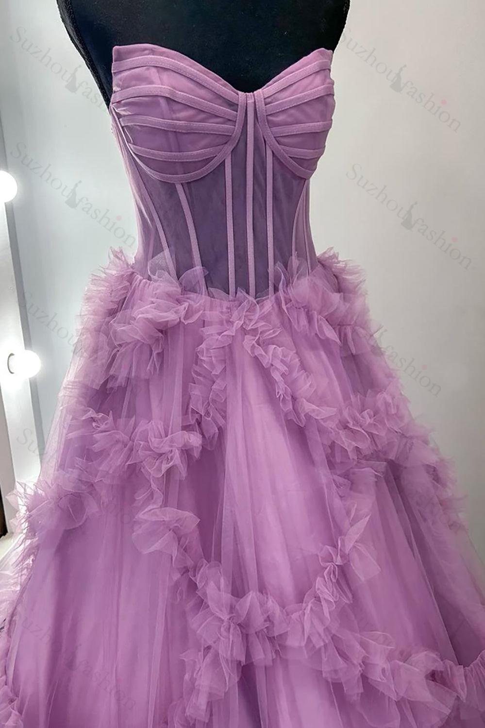 Purple Prom Dress Ruffled A-Line Strapless Long Formal Dress