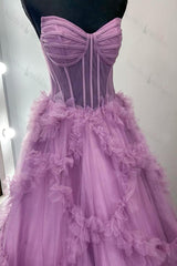 Purple Prom Dress Ruffled A-Line Strapless Long Formal Dress
