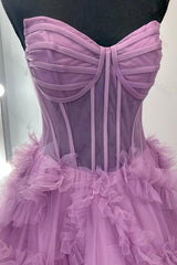 Purple Prom Dress Ruffled A-Line Strapless Long Formal Dress
