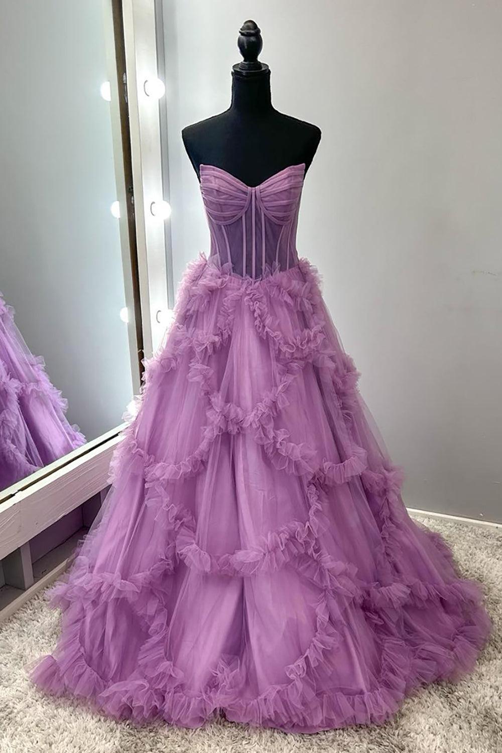 Purple Prom Dress Ruffled A-Line Strapless Long Formal Dress