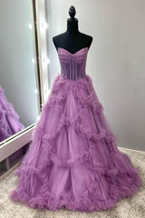 Purple Prom Dress Ruffled A-Line Strapless Long Formal Dress