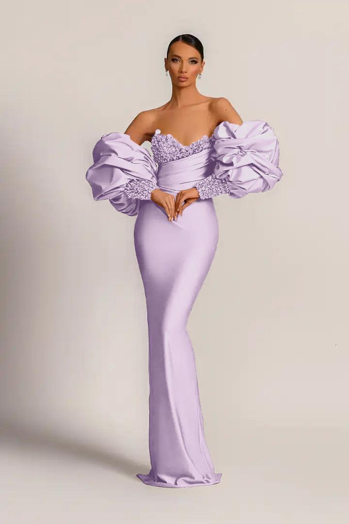 Purple Prom Dress Strapless Mermaid Long Evening Formal Dress With Appliques Puff Sleeves