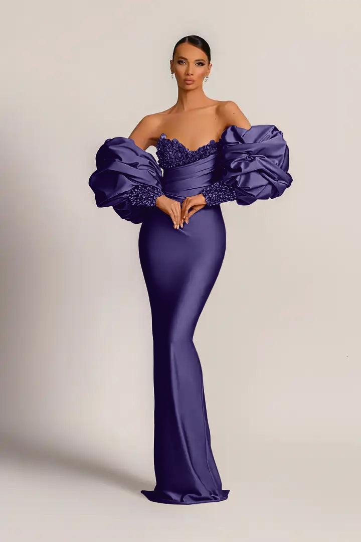 Purple Prom Dress Strapless Mermaid Long Evening Formal Dress With Appliques Puff Sleeves