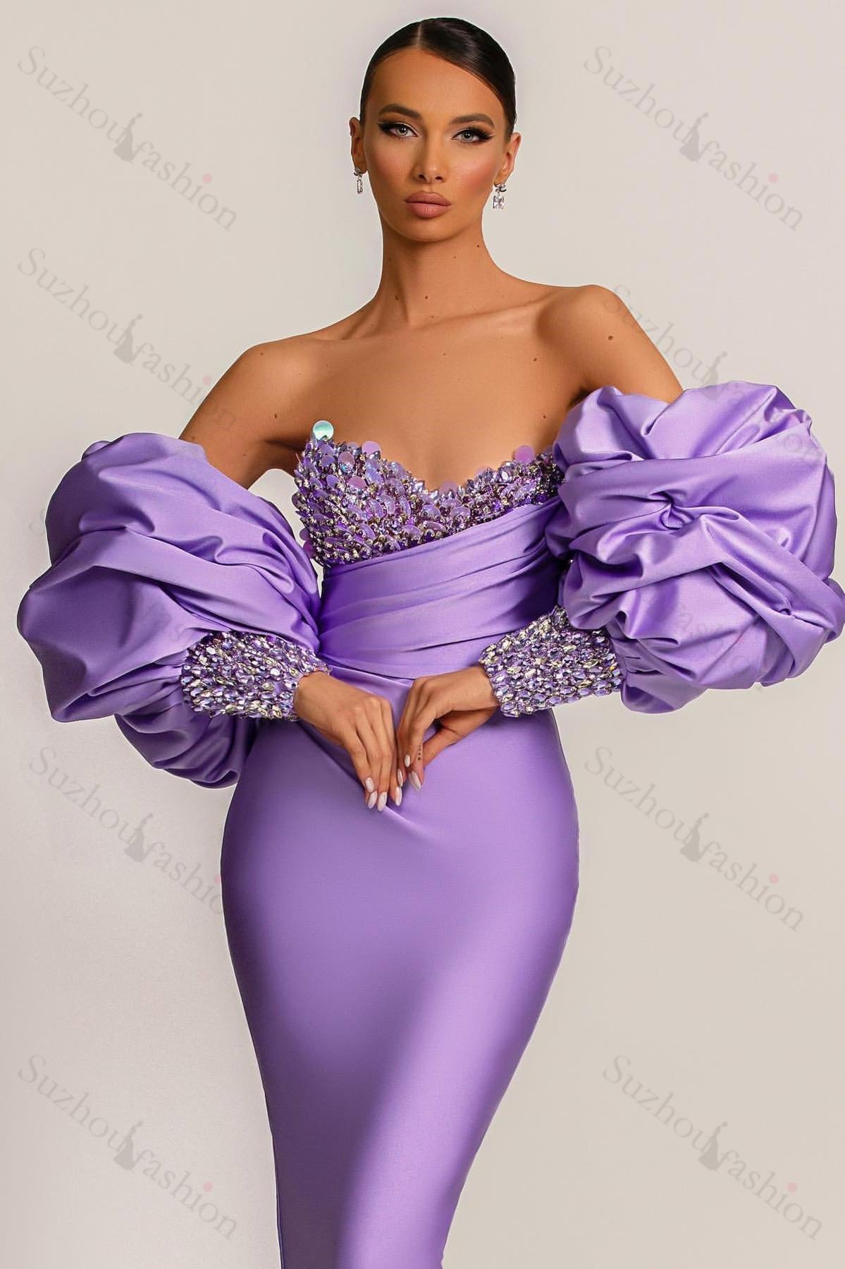 Purple Prom Dress Strapless Mermaid Long Evening Formal Dress With Appliques Puff Sleeves