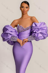 Purple Prom Dress Strapless Mermaid Long Evening Formal Dress With Appliques Puff Sleeves