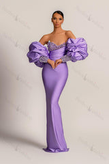 Purple Prom Dress Strapless Mermaid Long Evening Formal Dress With Appliques Puff Sleeves