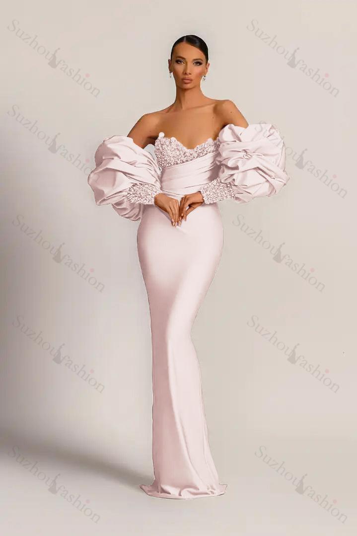 Purple Prom Dress Strapless Mermaid Long Evening Formal Dress With Appliques Puff Sleeves