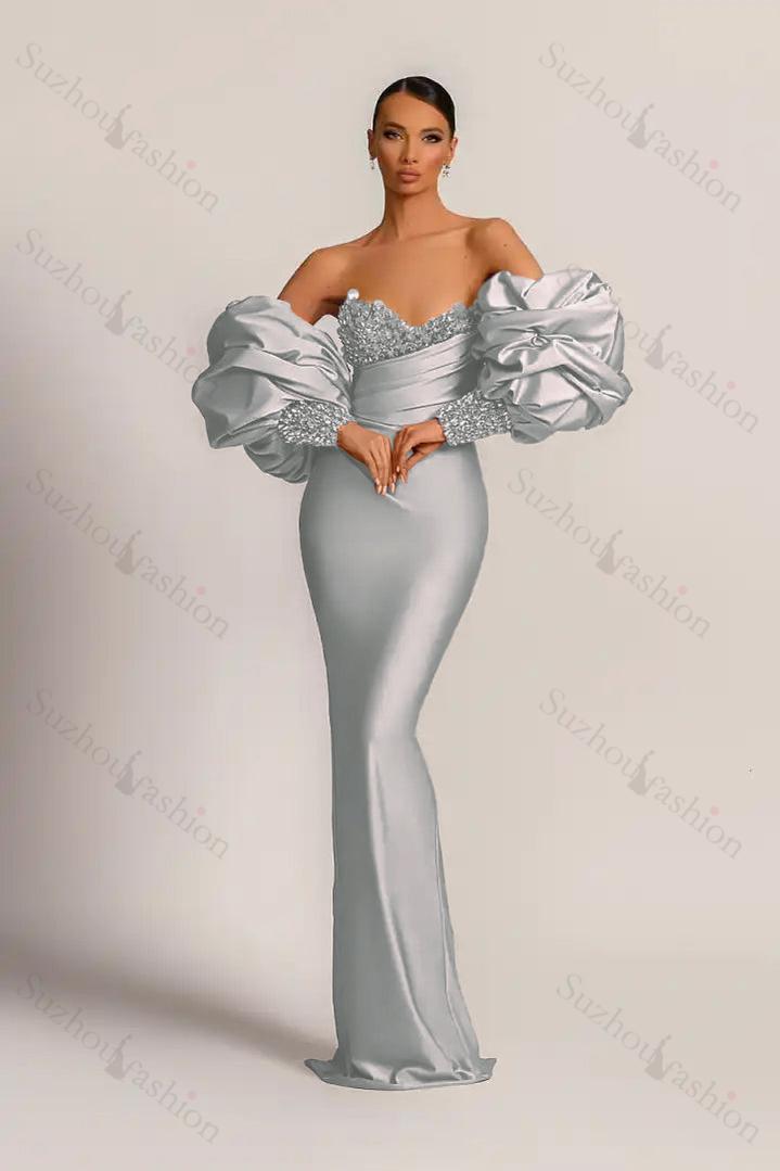 Purple Prom Dress Strapless Mermaid Long Evening Formal Dress With Appliques Puff Sleeves