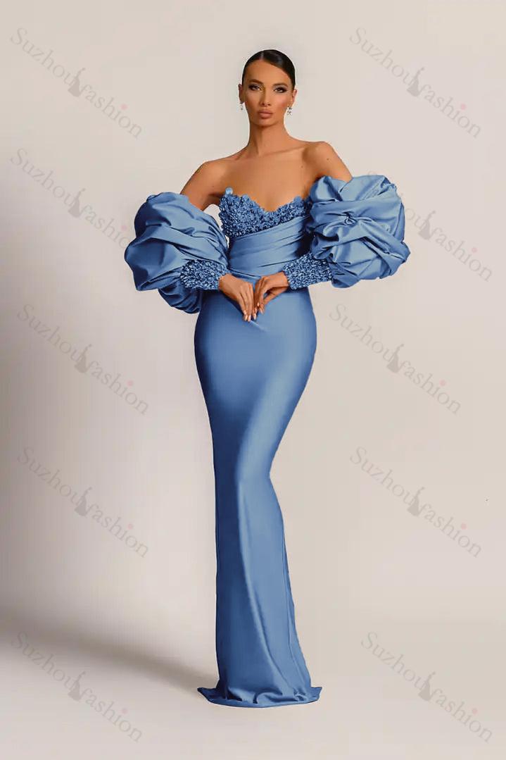 Purple Prom Dress Strapless Mermaid Long Evening Formal Dress With Appliques Puff Sleeves