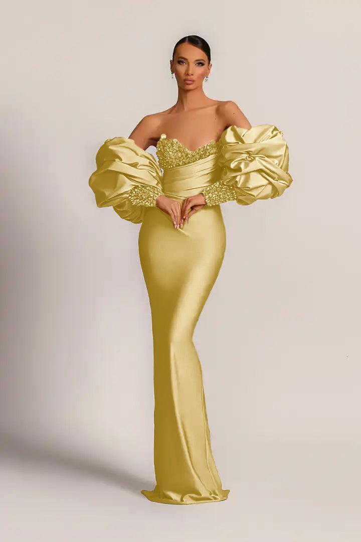 Purple Prom Dress Strapless Mermaid Long Evening Formal Dress With Appliques Puff Sleeves