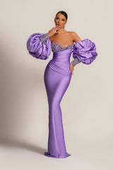 Purple Prom Dress Strapless Mermaid Long Evening Formal Dress With Appliques Puff Sleeves