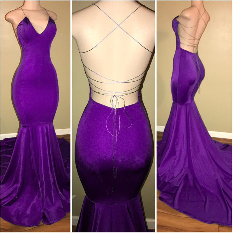 Purple Sexy Mermaid Open Back Prom Dresses | Simple Spaghetti Straps Evening Dresses