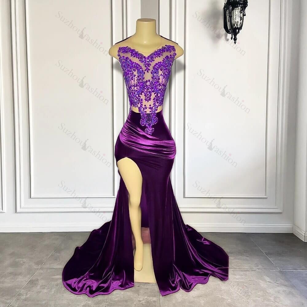 Purple Sleeveless Mermaid Formal Dresses with Split Appliques