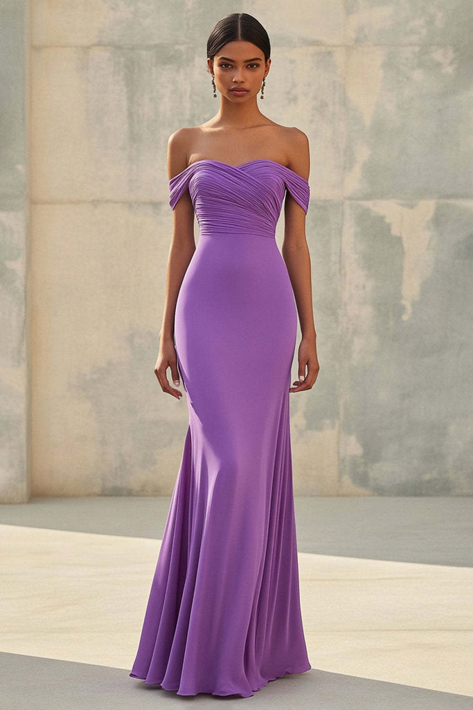 Suzhoufashion Purple Wedding Guest Dress Chiffon Mermaid Off The Shoulder Long Formal Dress with Ruch