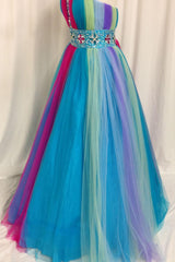 Rainbow Sweetheart Tulle Ball Gown Prom Dress with Beadings Colorful Floor Length Lace-Up Evening Dresses